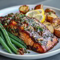 A colorful sheet pan dinner with roasted salmon, green beans, and potatoes, seasoned with lemon and herbs for a healthy, flavorful meal.  