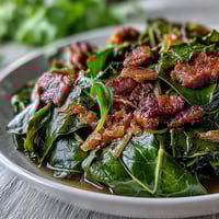 A pot of soul food collard greens simmered with tender smoked turkey and sweet onions, seasoned to perfection.  
