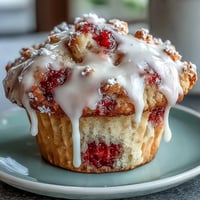 Fluffy strawberry muffins filled with fresh berries and drizzled with tangy lemon glaze, ideal for a sweet breakfast treat.