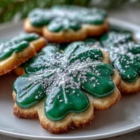 Festive shamrock sugar cookies with vibrant green royal icing, perfect for St. Patrick's Day celebrations.  