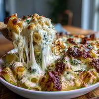 One-Pot Cheesy Pasta Bake with bubbling golden cheese and tender pasta in a rich tomato sauce.