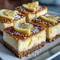 Creamy limoncello cheesecake bars with buttery graham cracker crust, topped with powdered sugar and fresh lemon zest.