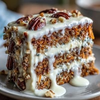 Moist carrot and walnut layer cake with tangy cream cheese frosting, garnished with chopped walnuts and edible flowers, perfect for spring celebrations.