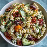 Vibrant picnic pasta salad with Italian dressing, packed with colorful vegetables and mozzarella pearls.  