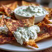 Homemade pita chips with tzatziki: crispy golden wedges paired with cool, creamy cucumber-yogurt dip.