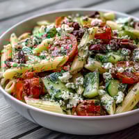 Greek-style summer pasta salad with olives, feta, and fresh vegetables, perfect for warm-weather gatherings.  