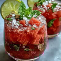 Refreshing watermelon mint vodka spritz mocktail with juicy watermelon cubes, fresh mint, and a splash of citrus, served over ice in a tall glass.
