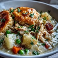 Creamy Slow Cooker Chicken Pot Pie Soup with tender chicken and hearty vegetables in a rich, savory broth, perfect for cozy weeknight dinners.