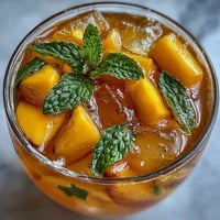 A vibrant glass of mango peach sparkling tea with fresh mint and fruit slices, perfect for a hot summer day.