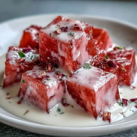 Vibrant Strawberry Rose Gelatin Mosaic Cake with creamy base, ready to slice.