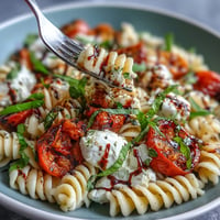 Creamy burrata melts over Summer Caprese Pasta with fresh basil and tomatoes.