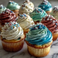 Star-Spangled Banner Cupcakes: vibrant red, white, blue frosting, festive flag topper.